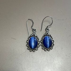 Vintage Signed GS Sterling Silver Blue Cat Eye Earrings